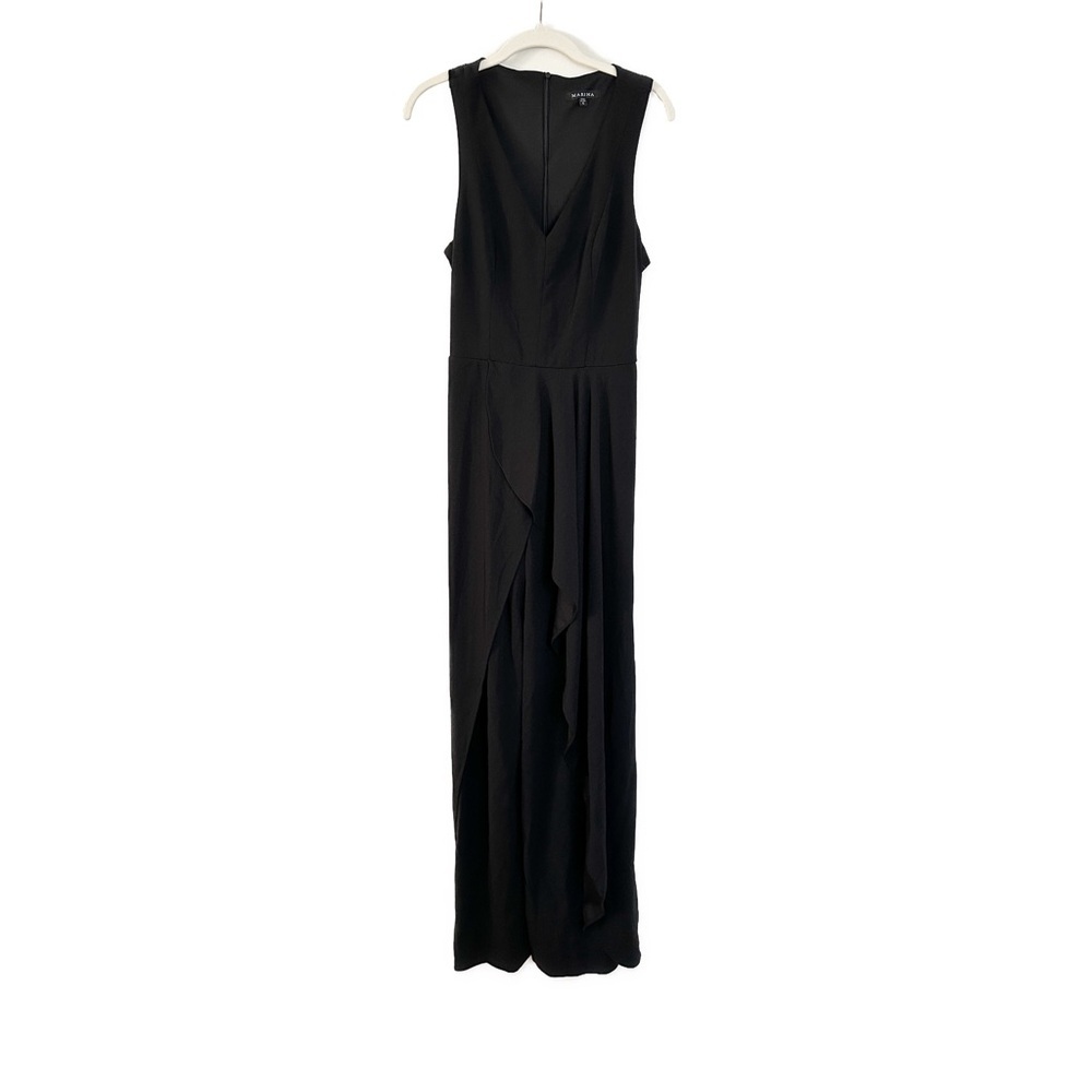 Marina 264056 Sleeveless V-Neck Split Ruffle Hem Jumpsuit Black Size 6 NWT - Picture 2 of 3